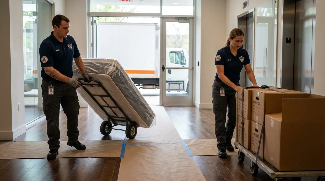 Professional apartment movers loading elevator in Princeville, HI