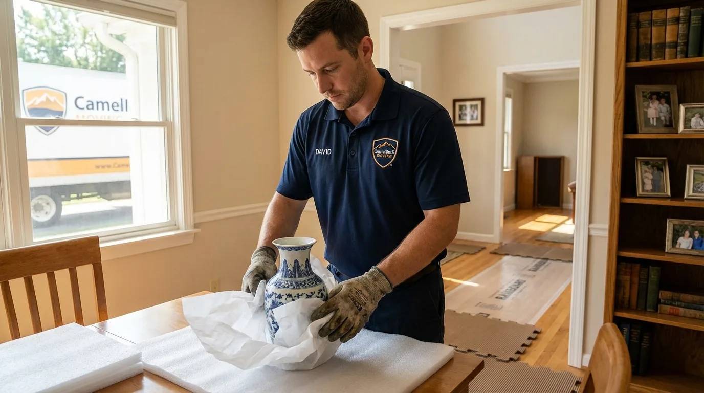 Professional crew carefully wrapping antique vase for senior downsizing move in Princeville, HI